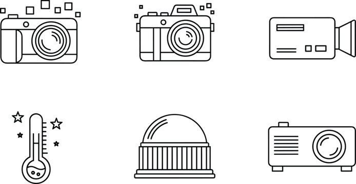 Photography and equipment icons vector set with camera camcorder projector thermometer and observatory dome for media and science design