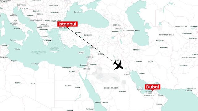 Airplane flight animation moving across the world map between Istanbul and Dubai cities