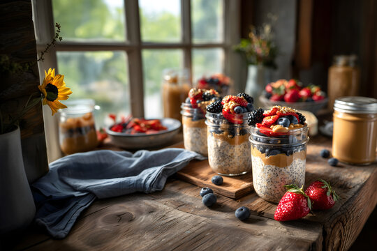 Creative food template. Glass jars of overnight oats oatmeal pudding with chia seed, peanut butter, berries strawberry blueberry on rustic wooden table by morning kitchen window. copy text space.