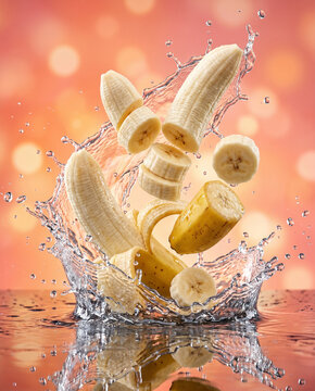 Peeled and sliced bananas splashing into water with bokeh background water splash food photography food drop refreshing potassium vitamins background abstract healthy eating refreshment