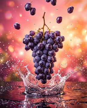 Bunch of grapes splashing into water with bokeh background water splash food photography food drop refreshing vitamins vineyard background abstract healthy eating refreshment fruitful