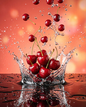 Fresh cherries dropping into water splash with high speed cherries splashing refreshing vitamins hydration beverage smoothie culinary ingredients preparation explosion freeze frame