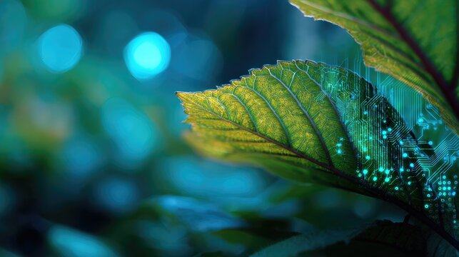 Close-up of a leaf with glowing digital circuits integrated