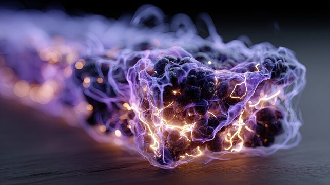 Abstract 3D rendering of a flexible biolayer patch with internal glowing violet light representing the real-time monitoring of air quality around the user to prevent respiratory issues