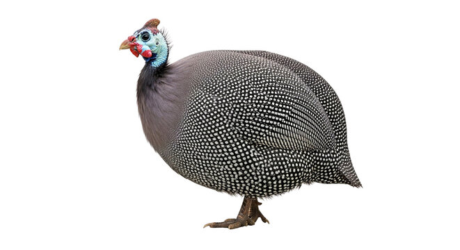A vibrant guinea fowl with spotted feathers standing on a black background on transparent background