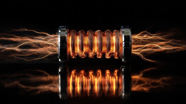 Close-up of a glowing electrical coil with energy arcs emanating outwards against a dark background.