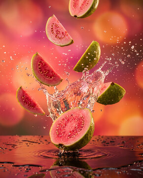 Exotic splash of fresh pink guavas and slices with refreshing water droplets on a reflective surface against a bokeh background vitamin c exotic fruit green exterior tropical refreshing droplets