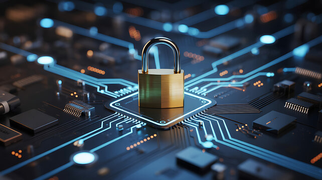 Digital padlock on computer circuit board abstract technology concept for cybersecurity data protection network security and privacy safety.