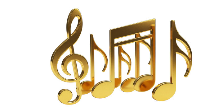 A set of golden musical notes and symbols arranged on transparent background for decorative or design purposes on transparent background