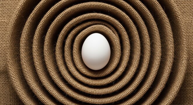 Minimalist white egg in concentric burlap circles, rustic brown fabric spiral background, organic texture and conceptual symmetry for food branding