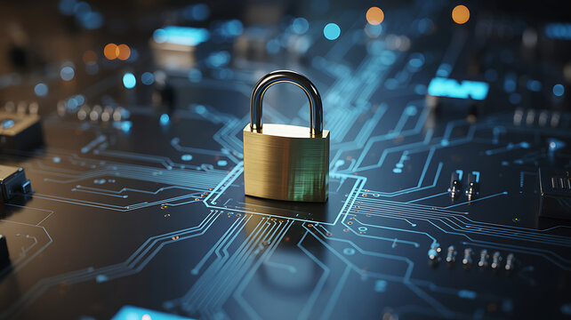 Digital padlock on computer circuit board abstract technology concept for cybersecurity data protection network security and privacy safety.