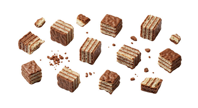A variety of layered wafer biscuits with chocolate filling scattered on transparent background