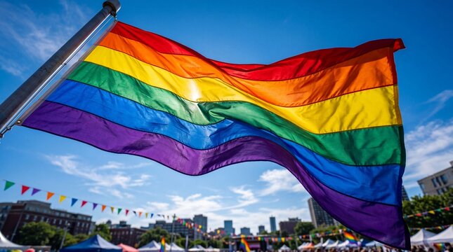 Vibrant LGBTQ pride rainbow flag waving in the blue sky during a celebration