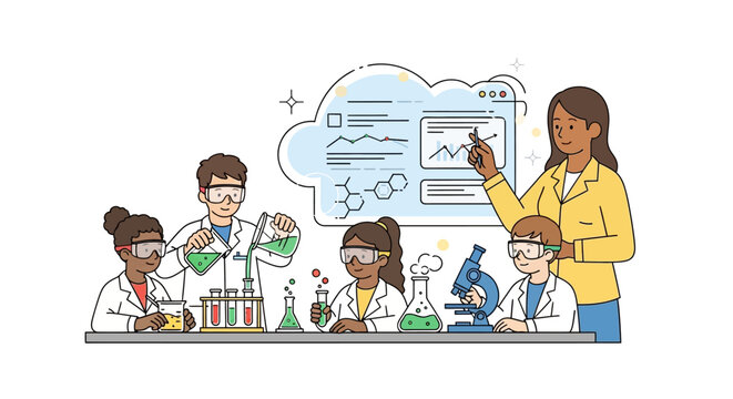 Illustration of a diverse group of students and a teacher in lab coats conducting experiments with various scientific equipment in a classroom setting with a thought bubble.