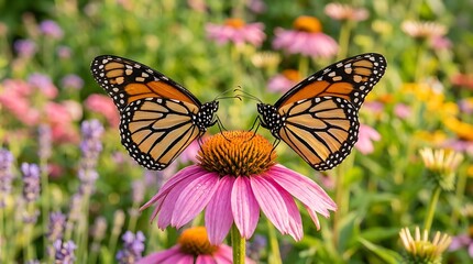 Fototapeta premium Monarch Butterfly on Pink Coneflower in Vibrant Flower Garden
