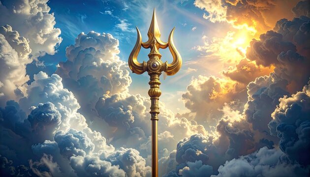 Golden Trishula Trident Symbol in a Majestic Sky with Sun Rays and Dramatic Heavenly Clouds