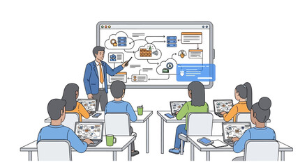 Fototapeta premium Illustration of a man teaching a group of people at desks with laptops in front of a large screen display with educational content.