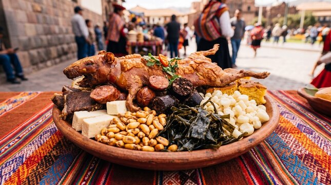 Traditional Chiri Uchu platter with roasted cuy at a Peruvian festival.