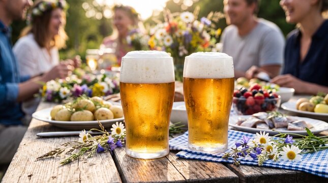 Two cold glasses of golden lager on a wooden table at a Swedish Midsummer party