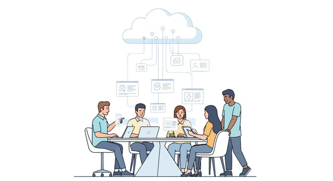 Flat illustration of a diverse team collaborating around a table with laptops and documents in a modern office setting with a clean and organized mood.