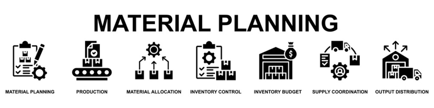 Material Planning Banner Web Icon Vector Illustration Concept for Technology with Icons of Material Planning, Production, Material Allocation, Inventory Control, Budget and Supply Coordination