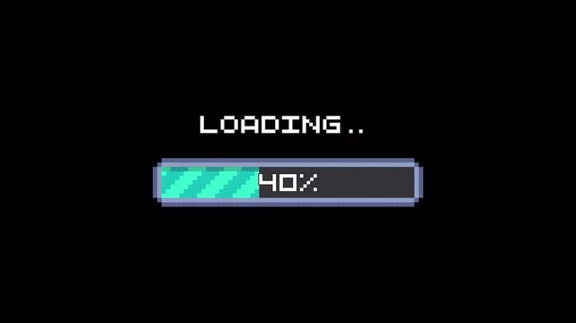 Retro pixel art loading screen animation on black background. 8 bit, arcade game progress bar. 4k