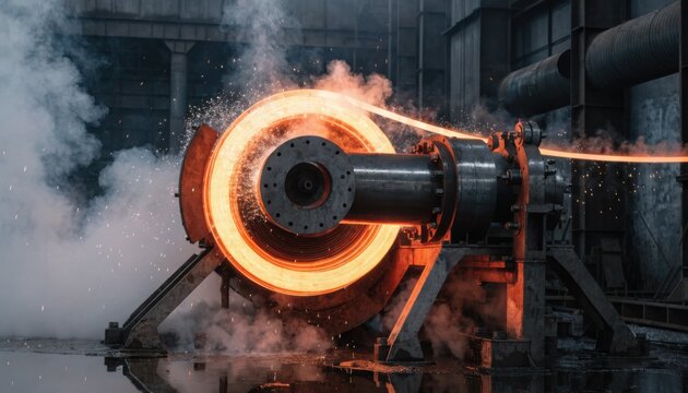 Closeup medium shot showcasing single mandrel downcoiler in action efficiently managing hot strip threading and coiling process.