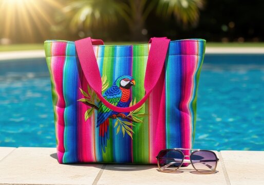 A vibrant striped tote bag with a parrot design sitting by a sparkling blue swimming pool area