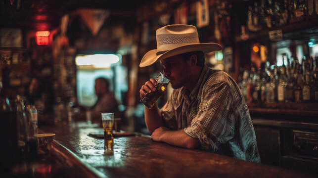 Cowboy drinking beer in a rustic bar with western style, casual nightlife, and vintage saloon atmosphere