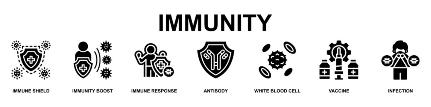 Immunity Banner Web Icon Vector Illustration Concept for Technology with Icons of Immune Shield, Immunity Boost, Immune Response, Antibody, White Blood Cell, Vaccine and Infection