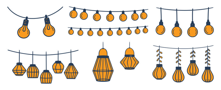 Summer lights boho garland doodle set with hanging light bulbs for holiday party decorative background.