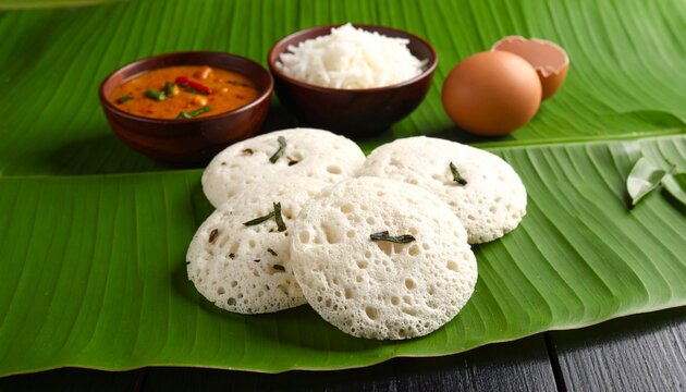 Traditional South Indian Breakfast with Appam, Egg Curry, and Rice served on a Banana Leaf
