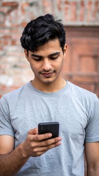 Young man gazes at his phone, standing before a brick wall and wooden door