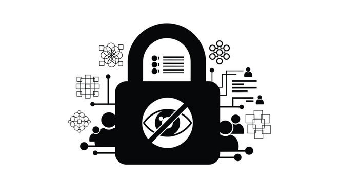 Digital security padlock icon featuring an eye crossed out to represent privacy protection and information encryption within a sleek minimalist vector graphic design style suitable for corporate cyber