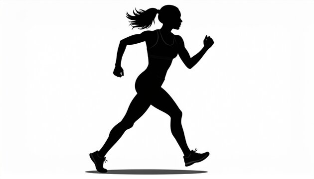 Black Silhouette of a Female Marathon Runner Sprinting on White Background Illustration