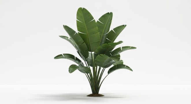 Tropical banana leaf plant on white background, lush green strelitzia reginae foliage, exotic indoor houseplant for interior design visualization