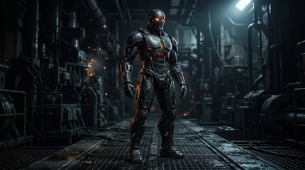 Naklejka premium A futuristic robot stands in a dimly lit industrial environment with machinery and equipment surrounding it.