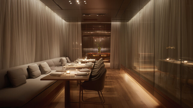 Luxury private dining room with warm lighting, long table and elegant minimalist interior
