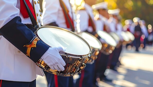 Close-up of a marching band drummer holding a drum with others blurred in the background, bathed in sunlight
