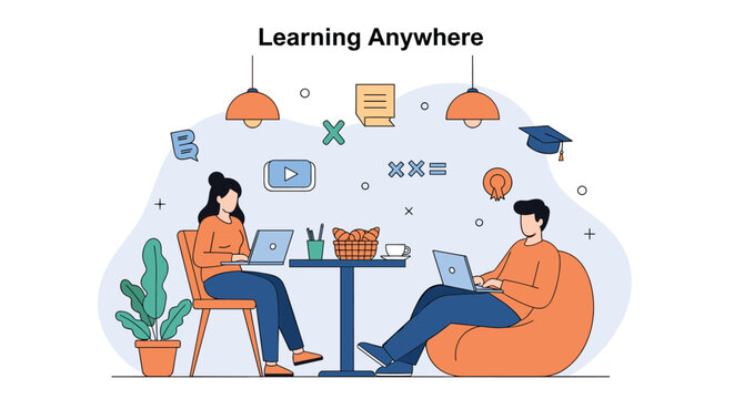 Young professionals studying and working on laptops in a cozy cafe, illustrating the concept of flexible learning and remote work anytime.