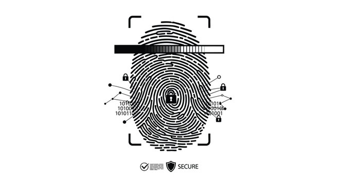 Digital biometric fingerprint scanner featuring a scanning progress bar integrated with padlock icons and binary code data streams designed as a clean vector graphic illustration for high tech securit