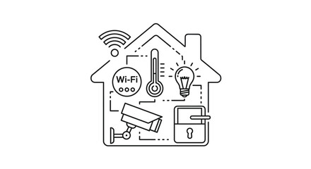 Fototapeta premium Smart home technology concept presented as a clean black and white vector illustration showing connected household devices like wifi security cameras lighting thermostats and electronic locks integrat