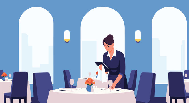 Professional female server in a uniform carefully setting a dining table with fine glassware and flowers in an elegant city restaurant.