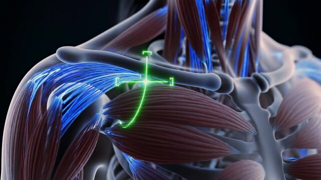 Extreme close-up of the shoulder joint holding position under slight tension, with stabilizing muscle fibers illuminated and a clearly defined rotational axis, illustrating control, balance