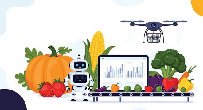 Smart farming and agriculture technology with robot and drone systems monitoring crop growth and harvesting fresh vegetables.