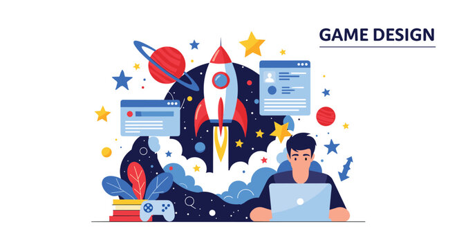 Game design and development process with a creator working on a space themed project featuring a rocket and planets.