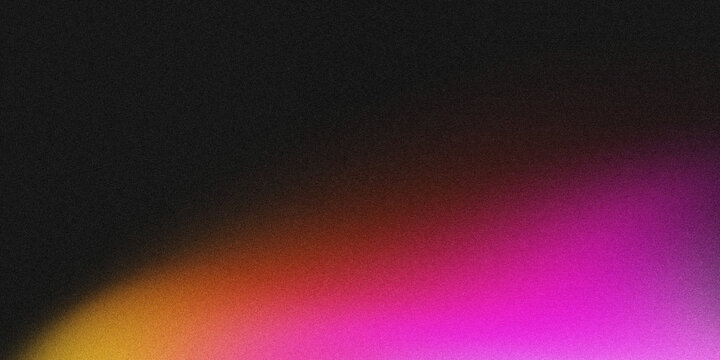 Black to vibrant sunset gradient background with grainy texture, abstract blurred color flow from yellow-orange-pink to purple, dark textured aesthetic.