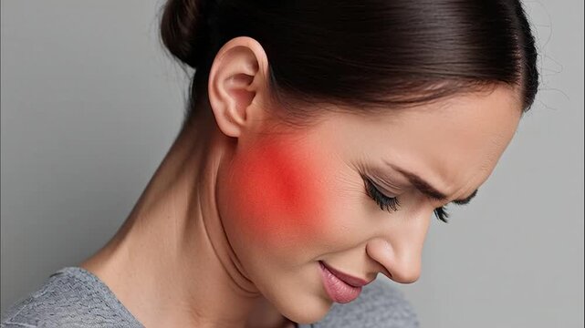 Woman Suffering From Ear and Jaw Pain With Red Pain Indicator