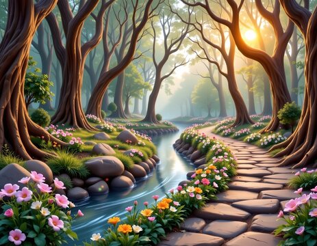 Enchanted Forest Scene Dawn with Flowing Stream and Fireflies