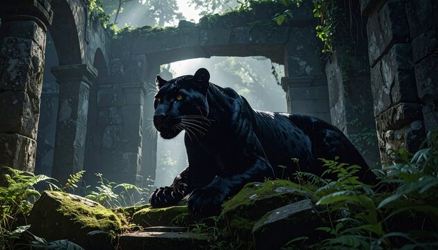 A stealthy black panther prowls ancient stone ruins, its piercing eyes glowing in dim light as mist and shadows envelop the weathered architecture.